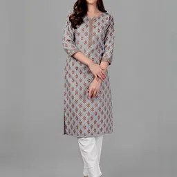 Solucions Women Grey A-Line Cotton Kurtas-image-86