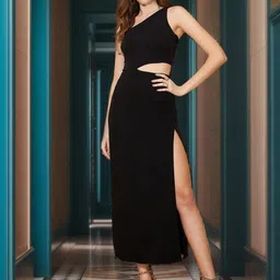 RARE Women Solid One Shoulder Cut-Out Detail Sheath Midi Dress-picture-14