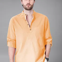 KNOWTED Mandarin Collar Roll-Up Sleeves Cotton Straight Short Kurta-image-2