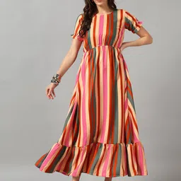 Raiyani Enterprise Women Striped Puff Sleeve Crepe Fit & Flare Midi Dress-image-55