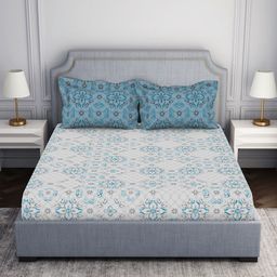SPACES Blue & White Geometric Pure Cotton 144 TC Queen Bedsheet with 2 Pillow Covers-picture-31