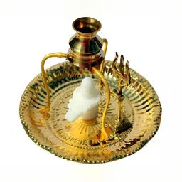 Navyaksh Gold Toned & White Shivling with Brass Plate Decorative Showpiece image 2