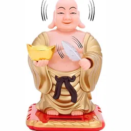 Navyaksh Red & Gold-Toned Metal Small Laughing Buddha Holding Ingot Showpiece image 4