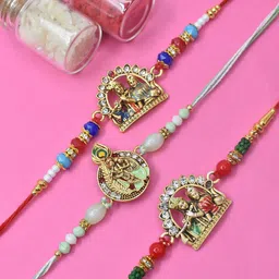 MEIRA JEWELLERY Set Of 3 Radha Krishna Rakhi With Greeting Card & Roli Chawal-picture-16