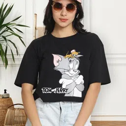 tom and jerry by dreambe Women Printed Round Neck Cotton Blend Black T-Shirt image 4