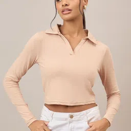 Roadster Women Lifestyle Co Cotton Polo Collar Cropped T-Shirt-picture-35