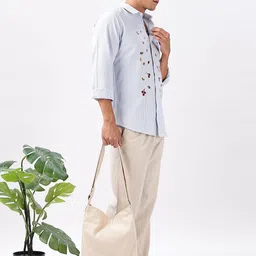 HAMPTONS Premium Vertical Striped Spread Collar Embroidered Cotton Casual Shirt image 4