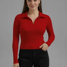 Dream Beauty Fashion Women Ribbed Shirt Collar Fitted Top-picture-34