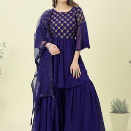 SZN Floral Embroidered Round Neck Zari Work Anarkali Kurta With Sharara & With Dupatta-image-34