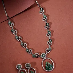 Opal Touch Rhodium-Plated Cubic Zirconia Stone-Studded Leaflet Motif Jewellery Set-image-37