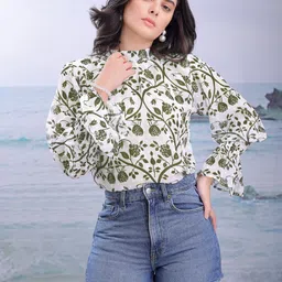 PURVAJA Women Green Printed Georgette Regular Top image 5