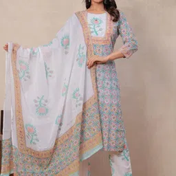 SARAI CREATIONS Women Ethnic Motifs Printed Regular Pure Cotton Kurta with Trousers & With Dupatta-image-72