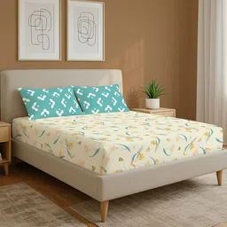 URBAN SPACE Cream-Coloured & Orange Floral 144 TC Queen Bedsheet with 2 Pillow Covers-picture-38