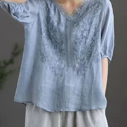 StyleCast Women Floral Embroidered V Neck Cotton Tops image 1