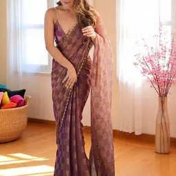HERE&NOW Checked Beads and Stones Pure Chiffon Designer Saree-image-17