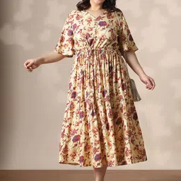 Globus Women Ethnic Motifs Printed Tie-Ups Tiered Flared Sleeve Fit & Flare Midi Dress-picture-36