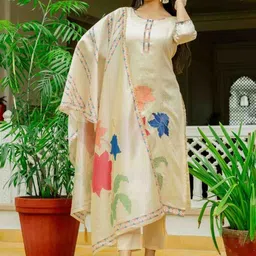CAPITALHAVEN Women Floral Embroidered Regular Thread Work Kurta with Trousers & With Dupatta image 4