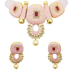 Jewar Mandi Gold-Plated Pink & Red Kundan-Studded & Pearl Beaded Jewellery Set-picture-17