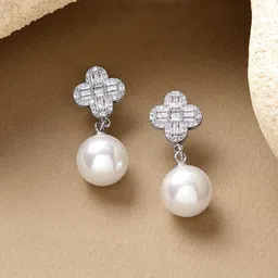 Rubans Voguish Rhodium-Plated Crystals Studded & Pearls Beaded Floral Drop Earrings-picture-27