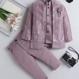 BAESD Boys Sequins Embellished Embroidered Sherwani & Trouser Set With Shrug-image-78