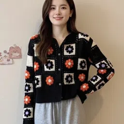 all about you Women Chevron Embroidered Long Sleeve Crop Cardigan-image-88