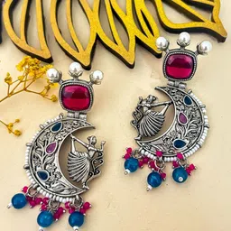 Zeviel Silver-Plated Stones Studded & Beaded Oxidised Crescent Shaped Drop Earrings image 3