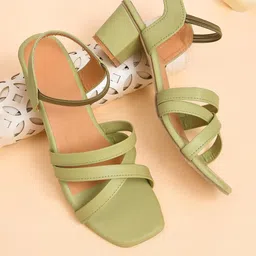FAISHSTAR Women Green & Tan Synthetic Colourblocked Square Toe Back Strap Block Heels-picture-13