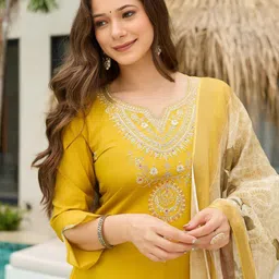 KALINI Floral Embroidered Round Neck Kurta with Trousers & Dupatta image 3