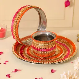 Aapno Rajasthan Yellow & Pink Embellished Pooja Thali With Lota & Challni-image-34