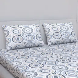 Himeya Navy Blue & White Geometric Cotton 120 TC King Bedsheet with 2 Pillow Covers image 3
