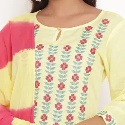 VEDANA Women Yellow & Red Embroidered Regular Thread Work Kurta with Trousers & Dupatta image 2