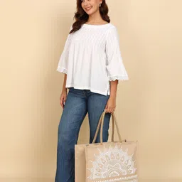 dazzle Women Beige, White Tote image 5