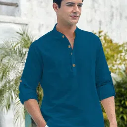 Yugnik Cotton Mandarin Collar Roll-Up Sleeves Straight Kurtas-picture-34