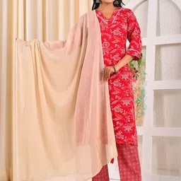 Moktika Floral Printed V-Neck Pure Cotton Straight Kurta With Trousers & Dupatta-picture-18