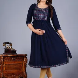 Clothonus Asha Round Neck Pleated Mirror Work A-Line Maternity Kurta-image-3