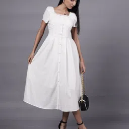 French Theory Women Solid Pleated Cotton Fit and Flare Midi Dress image 4