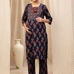 House Of Zelena Women Ethnic Motifs Printed Maternity Pure Cotton Kurta with Trousers-image-82