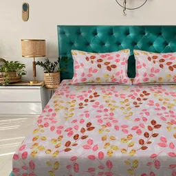 Myntra Elegant Homes Pink & Yellow 350 TC Bedsheet with 2 Pillow Covers-picture-32