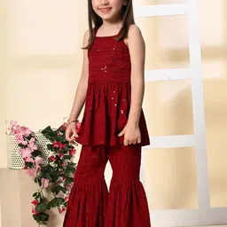 Muffin Shuffin Girls Ethnic Motifs Embroidered Regular Sequinned Top with Sharara image 4