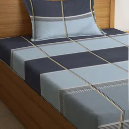 Myntra Elegant Homes Blue Checked 300 TC Fitted Single Bedsheet Set 1.50 m x 2.20 m image 2