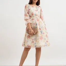 SALT ATTIRE Women Floral Printed Puff Sleeve Georgette Fit & Flare Dress-image-63