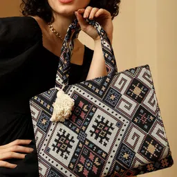 ENSAC Blue & Black Solid Shopper Detachable Sling Strap Embellished Tote Bag-picture-43