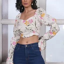 Golden Mirror Women Floral Printed Sweetheart Neck Crop Tops-picture-23