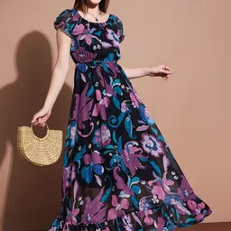 Raiyani Enterprise Georgette Floral Printed Puff Sleeves Fit and Flare Maxi Dress-image-84