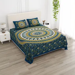 KD PRINTS Navy Blue & White Ethnic Motifs 210 TC King Bedsheet with 2 Pillow Covers-image-40