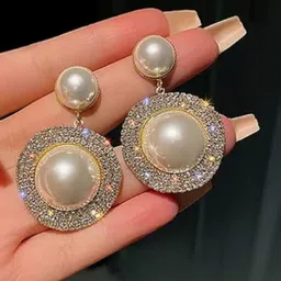 M55 Gold-Plated AD Stones Studded & Pearls Beaded Circular Shaped Drop Earrings image 5
