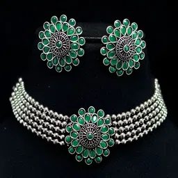 JOHARKAMAL Silver-Plated Kundan Studded Oxidised Necklace and Earrings-picture-15