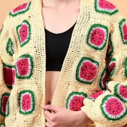 Velvery Women Watermelon Self Design Crochet Oversized Cardigan image 5