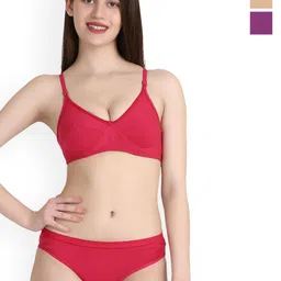 PIBU Pack Of 3 Cotton Bra Panty Lingerie Set B-Ruchi-Sett_Pu,P,Br-Purple,Pink,Brown-image-37