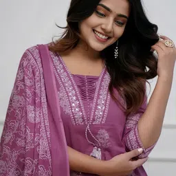 JAIPURI COLLECTION Women Ethnic Motifs Printed Regular Thread Work Pure Cotton Kurta with Trousers & With image 4